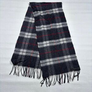 Perry Ellis 100% Cashmere Gray Plaid Fringe Made in Germany Scarf 50x12 in